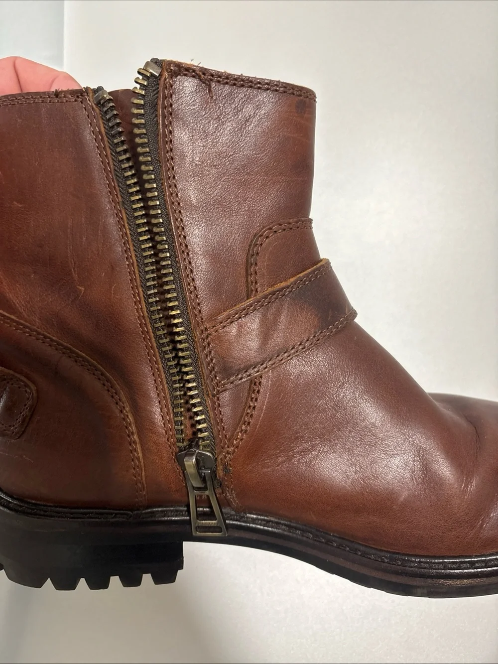 Mens Belstaff brown leather biker metal strap mid high boots size 9.5